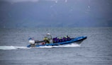 A group of people wearing life jackets and protective clothing are seated in a fast-moving speedboat on a large body of water. The boat has a flag with a blue cross emblem. Behind the boat, there are misty mountains partially covered with greenery and patches of snow.