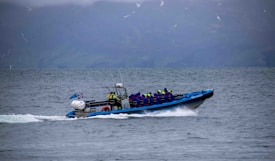 A group of people wearing life jackets and protective clothing are seated in a fast-moving speedboat on a large body of water. The boat has a flag with a blue cross emblem. Behind the boat, there are misty mountains partially covered with greenery and patches of snow.