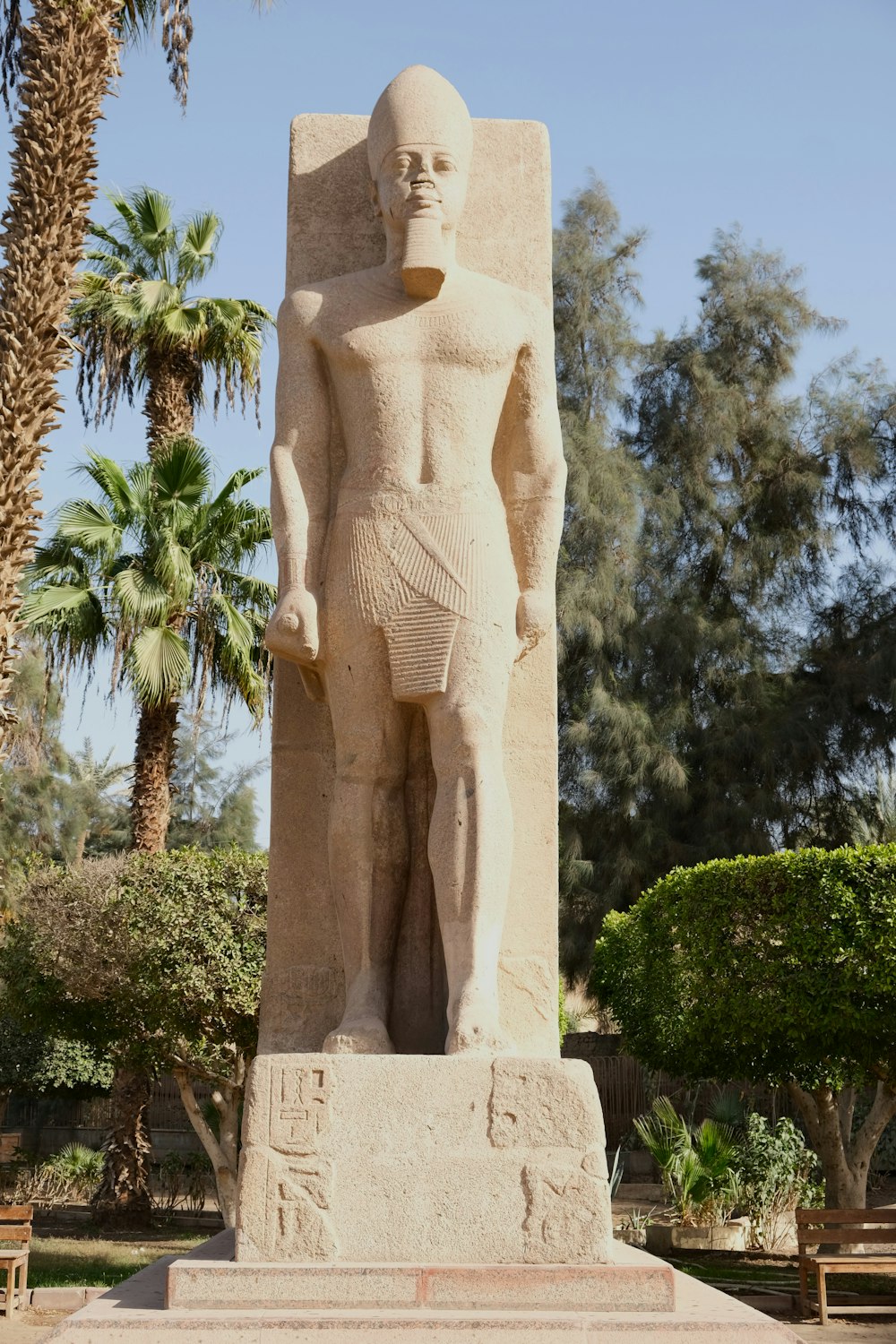 a statue of a man standing next to a palm tree