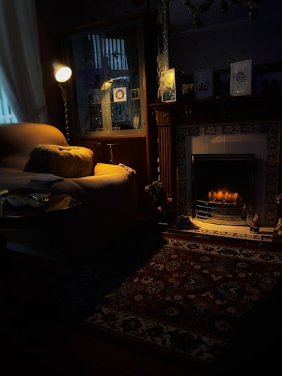 A cozy living room with decorative home items.