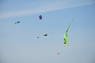 A close-up of colorful kites soaring against a clear blue sky.