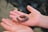 Two hands are gently holding a worm covered in sand, with a blurred background. The close-up shot focuses on the delicate handling of the small creature, emphasizing its earthy texture.