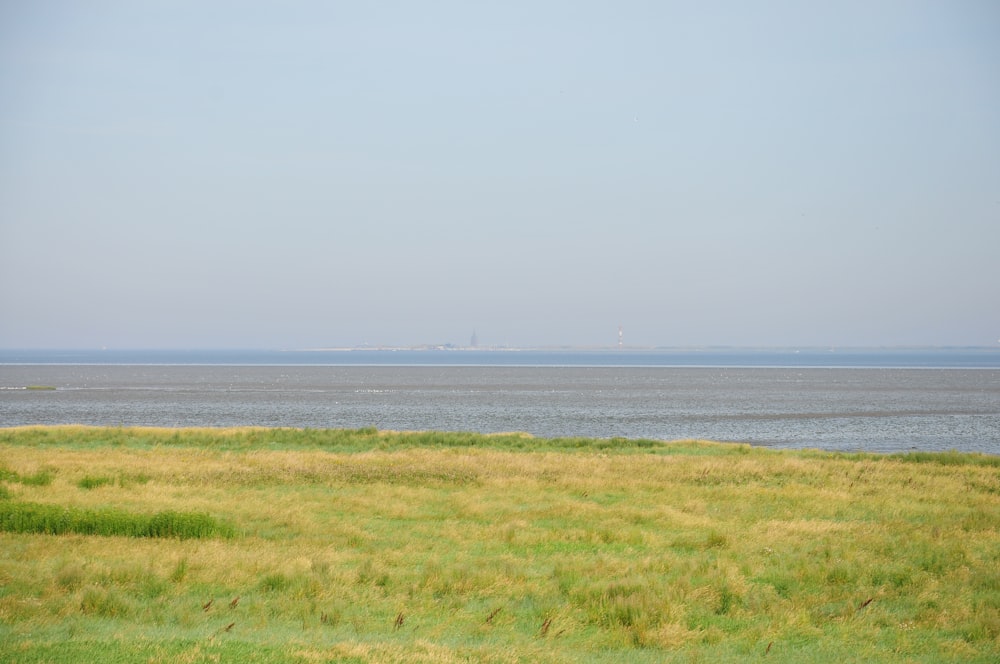 Un grand plan d’eau assis à côté d’un champ verdoyant