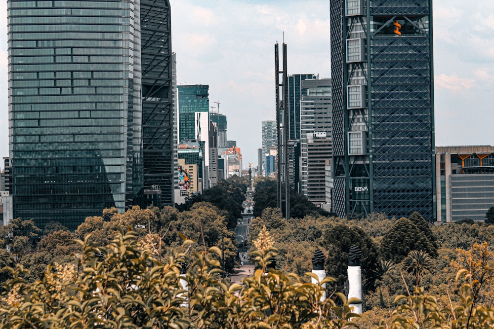 a view of a city with tall buildings