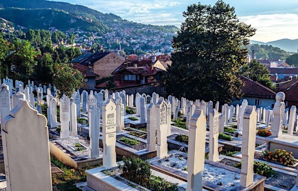 Un cementerio con muchas lápidas y árboles al fondo