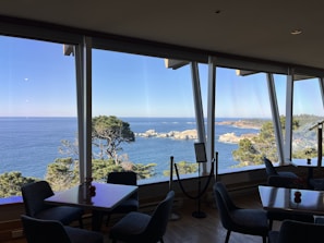 A comfortable seating area with large windows for views.