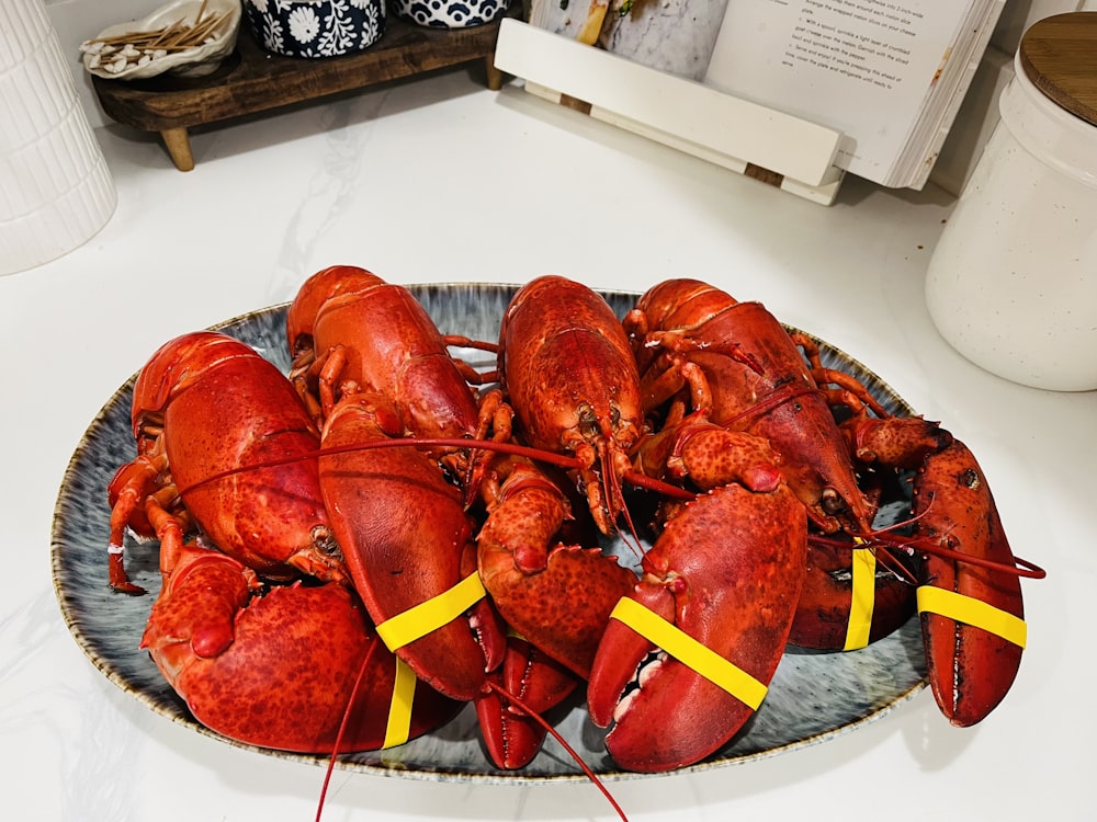 a plate of cooked lobsters on a table