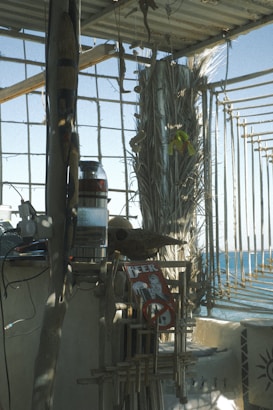 A rustic outdoor setup features a shaded area with a thatched ceiling and decorative hanging objects. A poster with the word 'BEER' is visible, alongside an abstract wooden sculpture. The scene overlooks an ocean view, with sunlight filtering through the open slats.