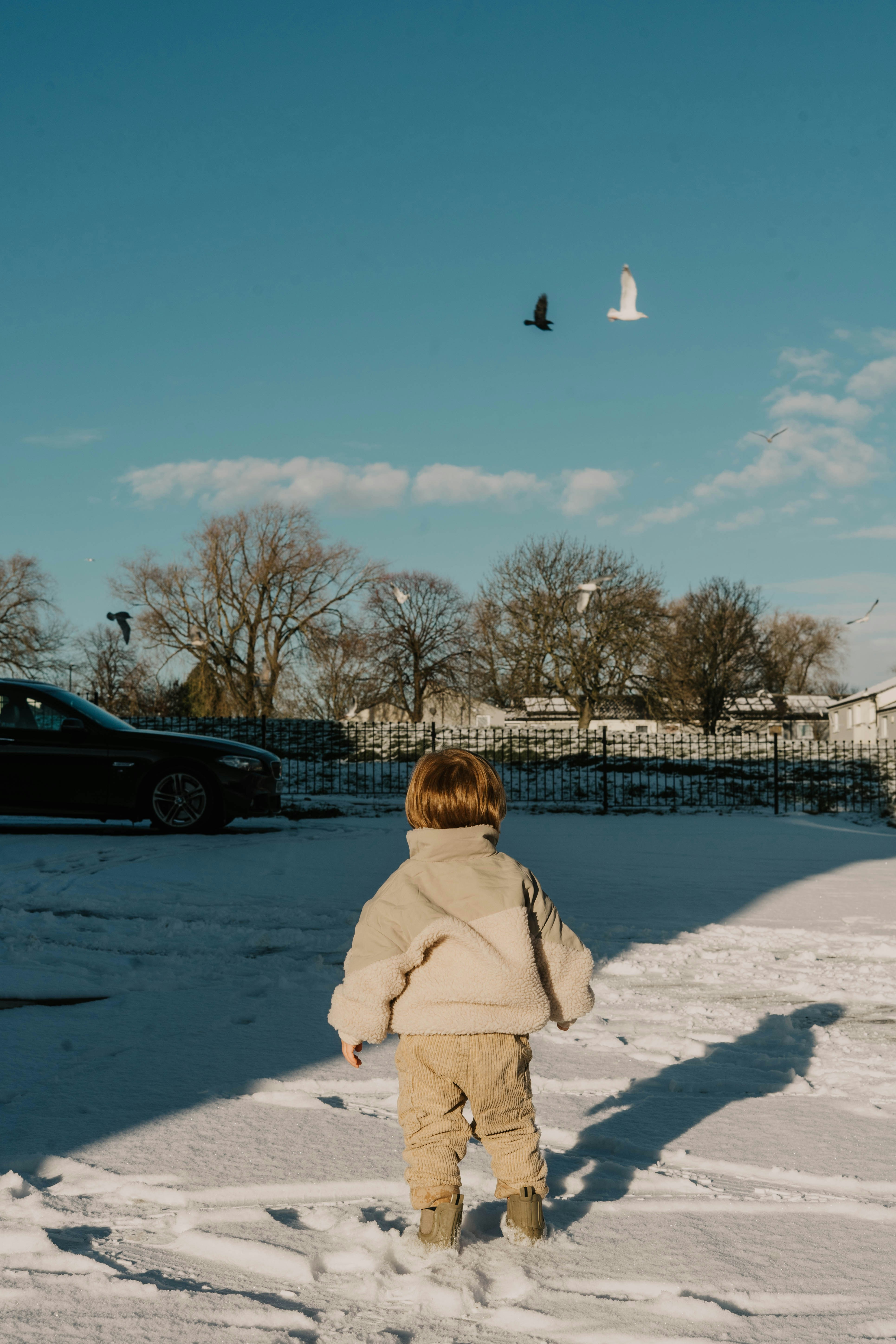 a little boy walking in the snow with a kite in the sky