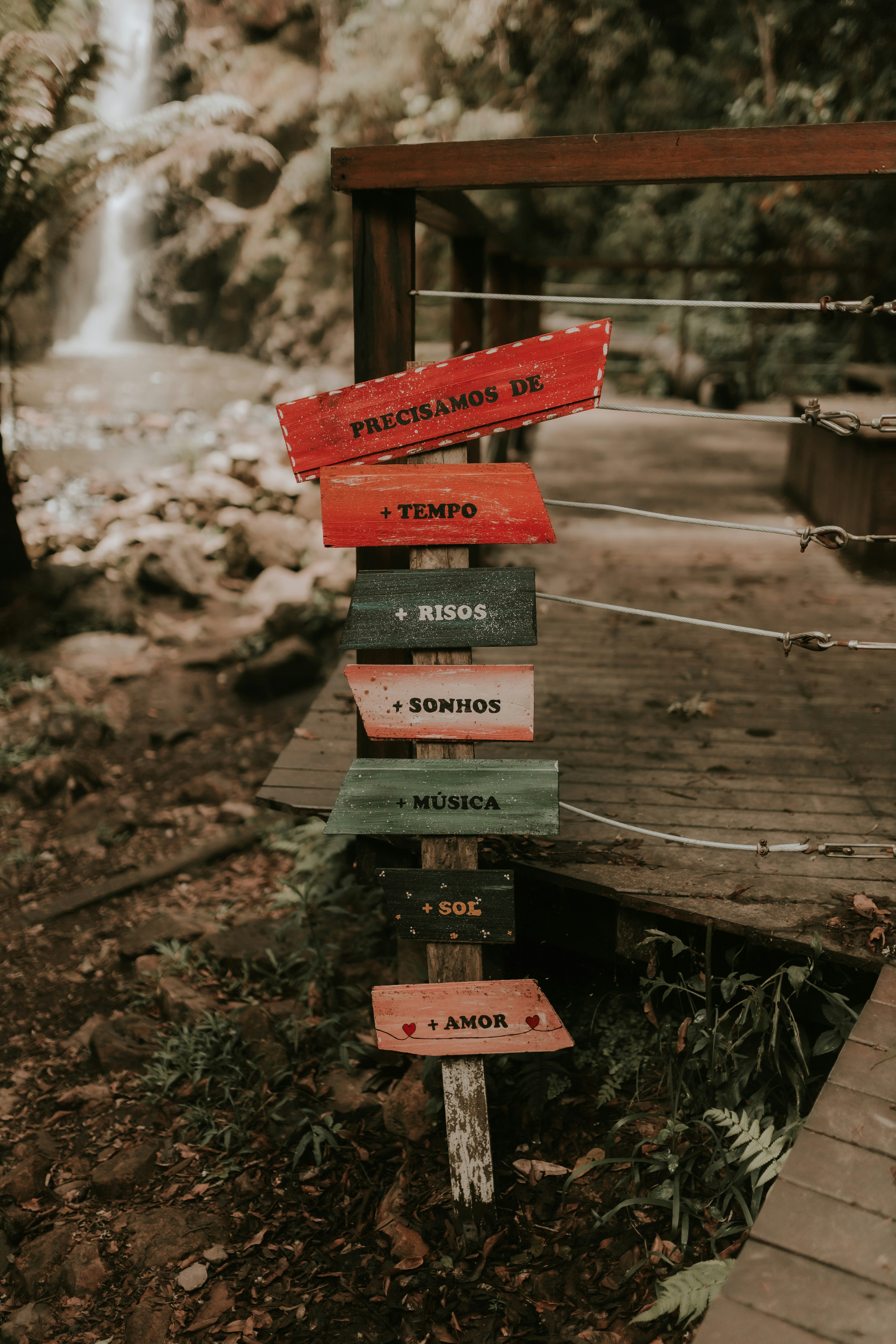 A wooden sign with a waterfall in the background photo – Free Brown ...