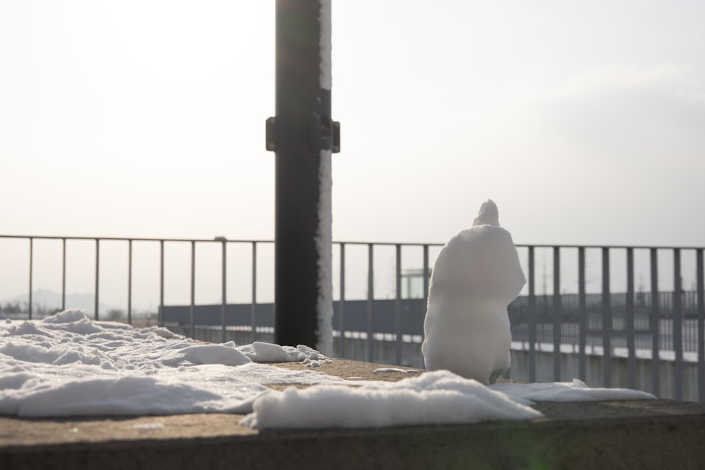 there is a snowman sitting on the ledge of a building