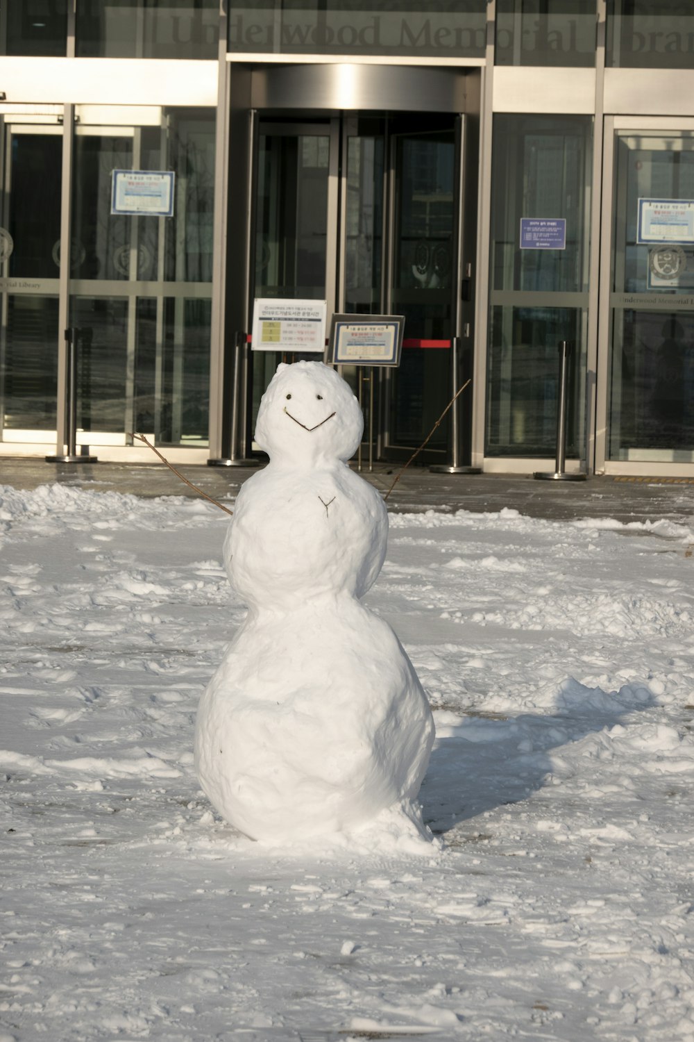 a snowman is standing in front of a building