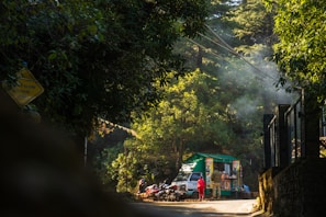 A small roadside food stall is situated amidst lush green trees on a narrow road. The stall is colorful and attended by a few people, with a car and motorcycles parked nearby. Sunlight filters through the trees, creating a serene and inviting atmosphere.
