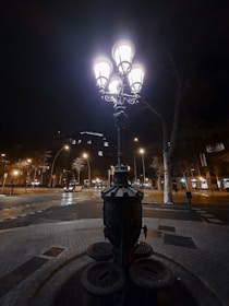 A sleek street lamp illuminating a quiet urban sidewalk at dusk.