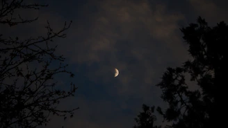 A mystical night sky with a crescent moon shining over a silhouette of a woman in spiritual meditation.