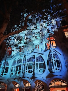 An intricately designed building facade with organic, flowing structures is illuminated by blue lighting. The architecture features a combination of curved lines, circular windows, and unique decorative elements. Tree branches in the foreground create contrasting shadows against the illuminated surface.