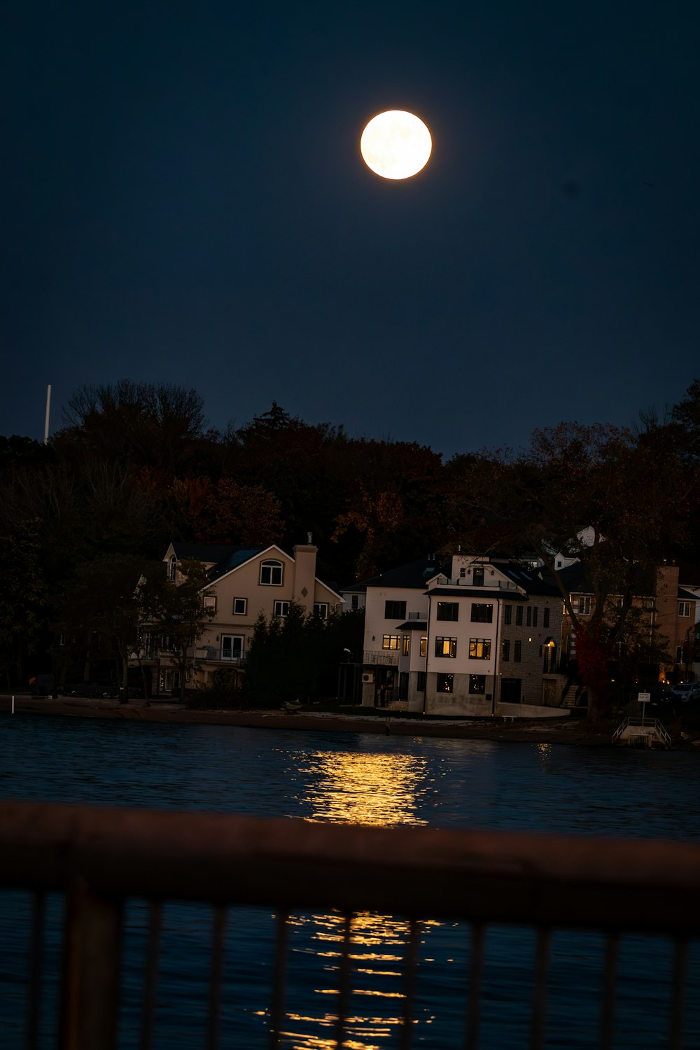 a full moon is seen over a lake at night