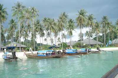 A serene tropical beach scene features long-tail boats moored near the shoreline, with towering palm trees swaying gently in the background. Traditional thatched-roof huts are nestled among the greenery, and the sky is overcast with dark clouds adding a dramatic backdrop to the scene.