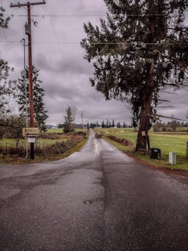 A rural road stretches into the distance flanked by fields and tall trees under a cloudy sky. A single vehicle is driving away, and there is a sign on the left reading 'Kimball's'. Utility poles line the road, and the overall surroundings suggest a quiet, countryside setting.