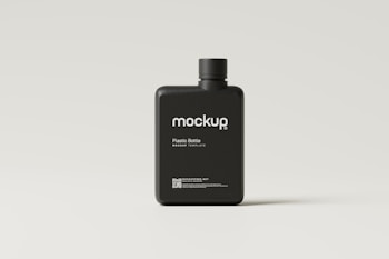 A black plastic bottle with a modern, minimalist design sits on a light, neutral background. The bottle is labeled 'mockup' in a clean, white font, and includes additional text indicating it is a plastic bottle mockup template available at mocksupply.net. A QR code is visible at the bottom of the label.