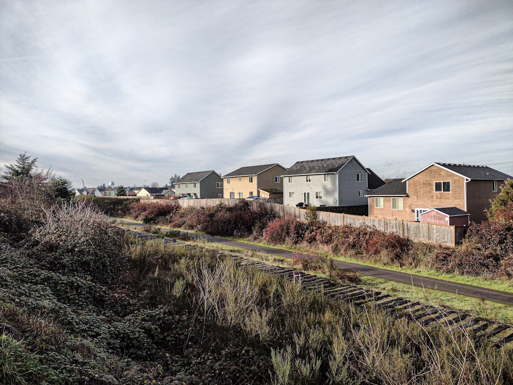 a row of houses sitting on top of a lush green hillside