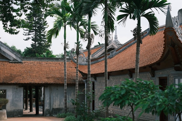 A traditional Asian architectural structure with a tiled roof, surrounded by tall trees and lush greenery. The design includes intricate details on the roof edges and a serene garden setting.
