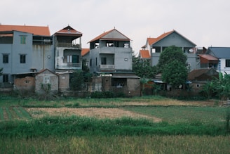 A cluster of residential buildings with grey and brown brick facades and red-orange roofs is situated adjacent to an overgrown field. The structures appear to be multi-storied with balconies and varying architectural designs. There are trees and greenery surrounding the buildings, contributing a rural feel to the setting.