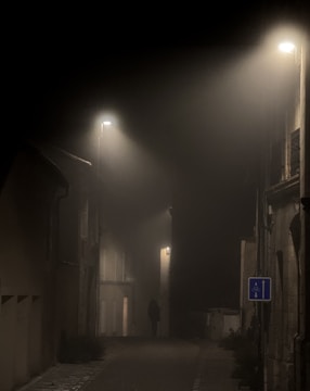 Foggy alleyway at night with a lone figure disappearing into the mist.