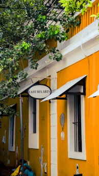 A quaint cafe with a bright yellow facade features a sign reading 'Café des Arts'. The building is adorned with black iron bars on the white-framed windows and artistic wall paintings depicting plants and abstract designs. Lush green leaves from a nearby tree partly shade the exterior, adding a natural touch to the urban setting.
