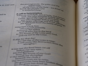 A close-up of an open book with text on both visible pages, showing a passage titled 'A call to lamentation'. The text describes religious themes and mentions rituals and offerings.
