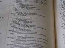 A close-up of an open book featuring text in paragraph form. The text is in English and appears to be from a religious or literary work, possibly a Bible, due to the structured columns and numbering. The lighting highlights the texture of the paper.