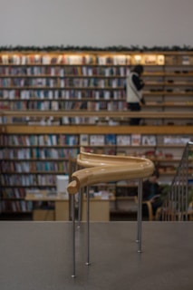 A library setting with shelves full of books, and a person standing, possibly selecting or reading a book. In the foreground, there is a wooden handrail with metal supports.