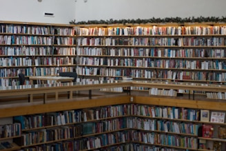 A large library with multiple wooden bookshelves filled with a wide variety of books arranged neatly in an expansive space. Two wooden tables with chairs are positioned in front of the shelves, providing a cozy spot for reading or studying. Decorative greenery lines the top of the shelves, adding a touch of warmth and festivity to the atmosphere.