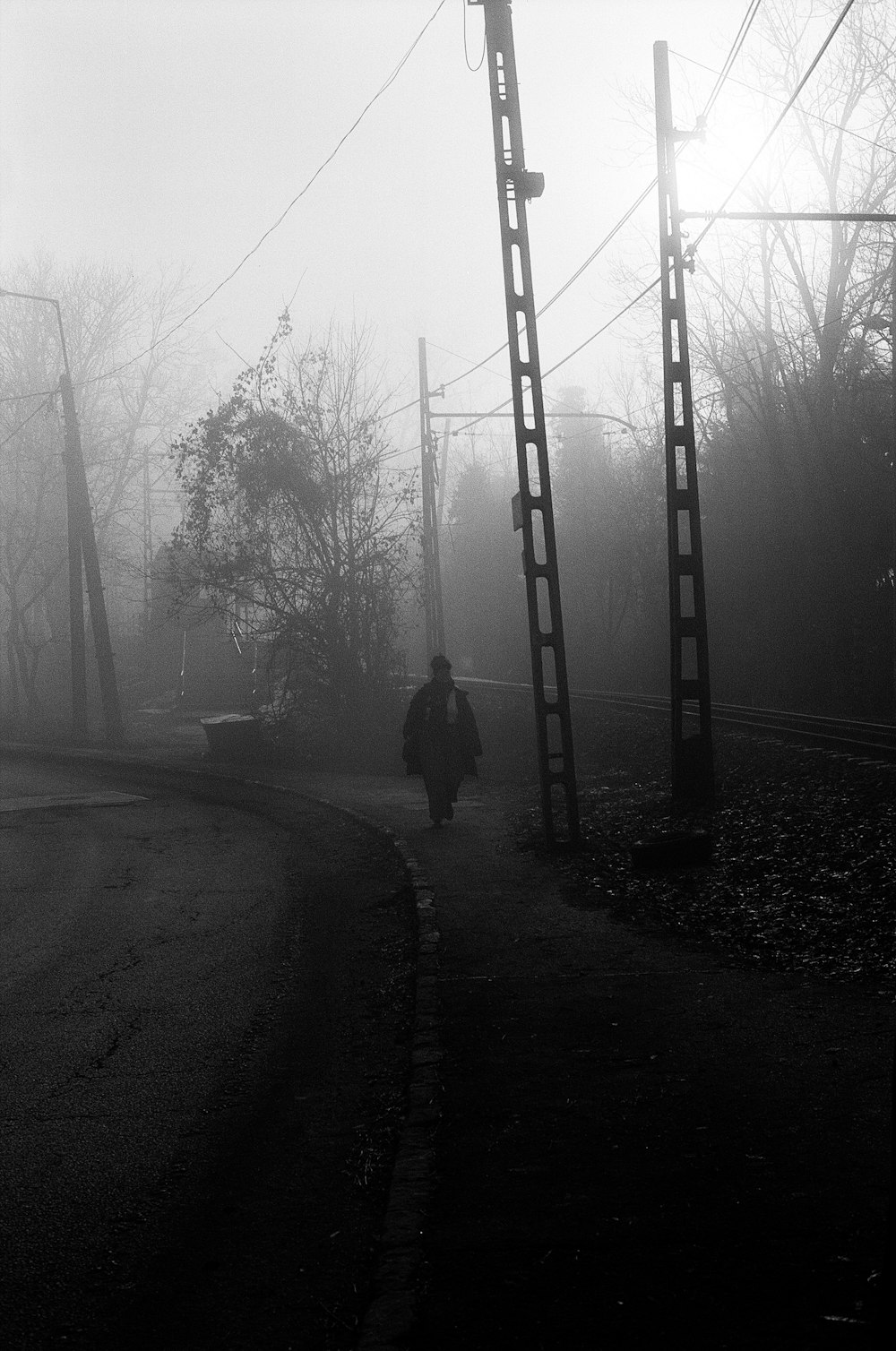 a person walking down a street in the fog