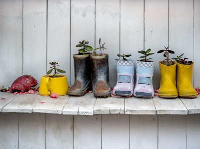 a row of rain boots sitting on top of a wooden shelf
