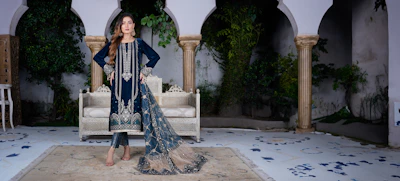 A cozy home setting featuring a woman wearing a beautifully embroidered daster, highlighting the premium craftsmanship.
