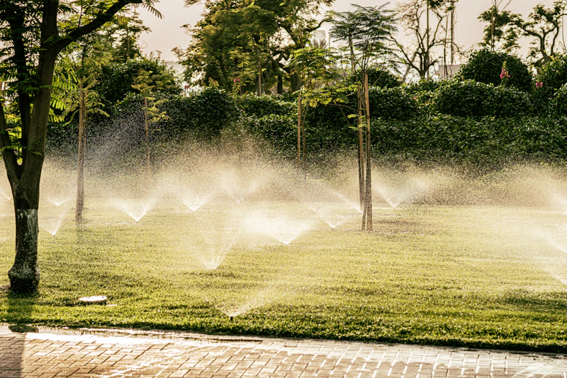Sprinklers irrigating a green lawn