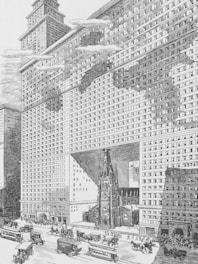 An architectural drawing features a massive skyscraper enveloping a historic gothic-style church at its base. The building has numerous windows, with clouds and shadows creating striking patterns on the facade. The scene includes bustling city traffic with vintage cars, trolleys, and pedestrians.