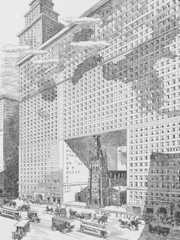 An architectural drawing features a massive skyscraper enveloping a historic gothic-style church at its base. The building has numerous windows, with clouds and shadows creating striking patterns on the facade. The scene includes bustling city traffic with vintage cars, trolleys, and pedestrians.