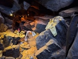 A detailed underground cavern scene with large, jagged rock formations. Scattered throughout the scene are small gold coins and what appear to be golden leaves or decorations. There are areas with a warm, orange lighting that adds depth and a mysterious atmosphere.