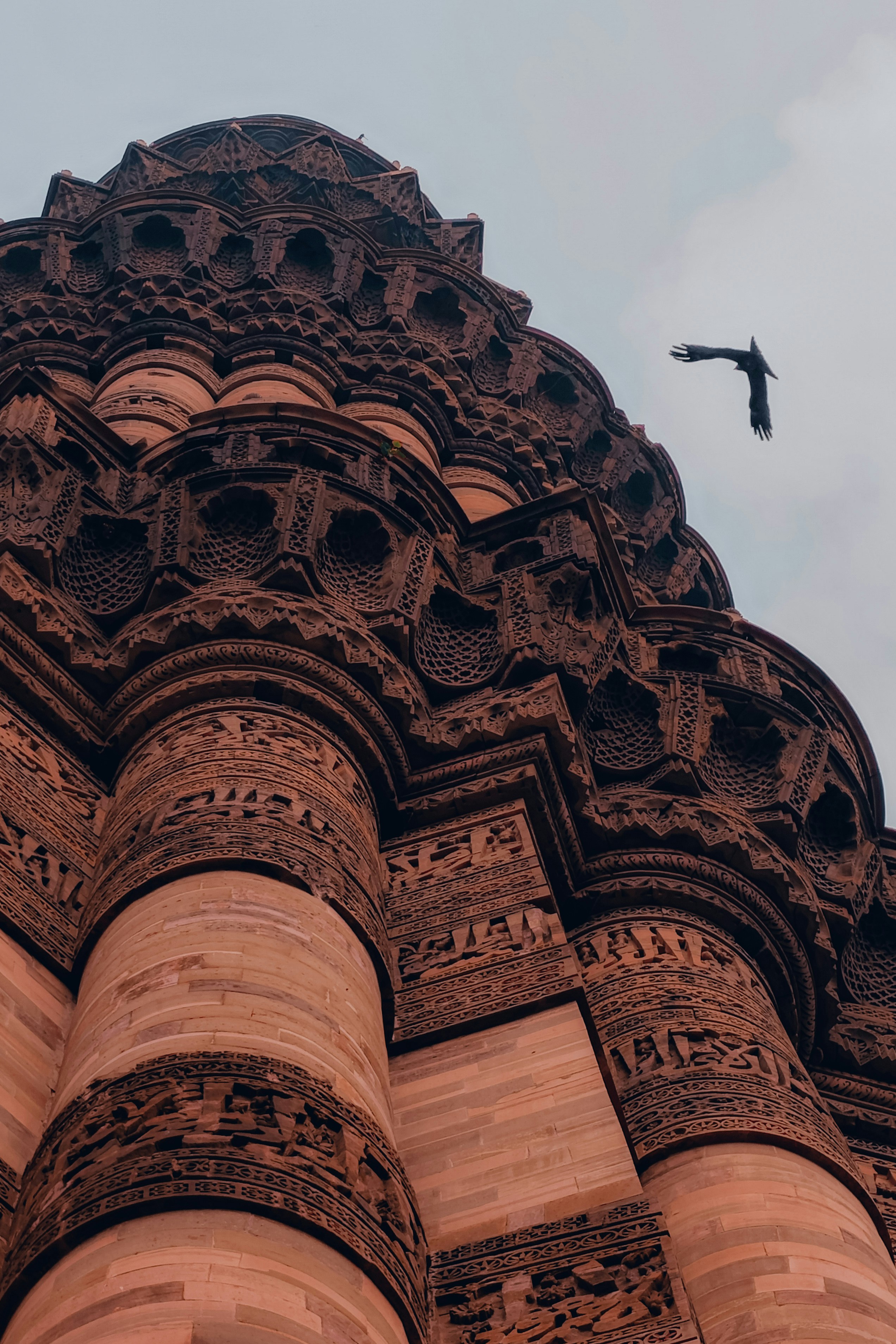 a tall building with a bird flying in the sky