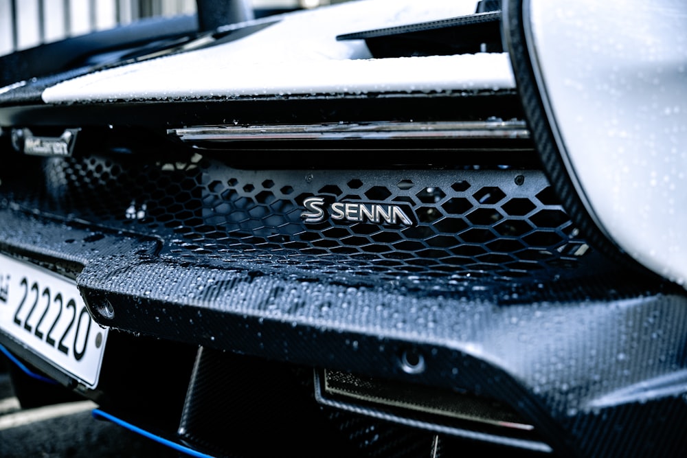 a close up of the front of a sports car