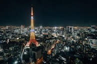 Night view of the illuminated Namsan Seoul Tower surrounded by city lights.