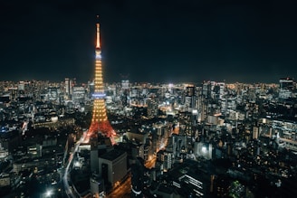 Night view of the illuminated Namsan Seoul Tower surrounded by city lights.