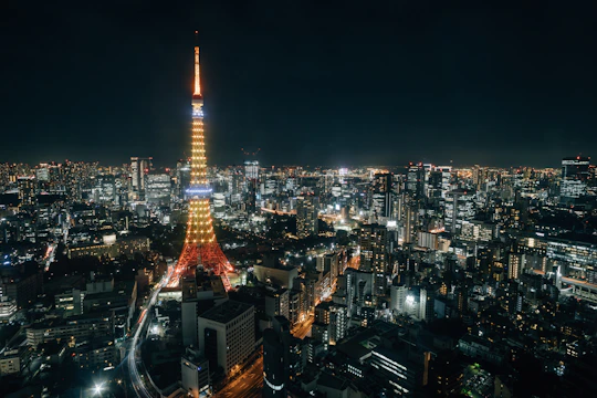 Nighttime view of Sapphire Crown Tower illuminated against the city skyline.