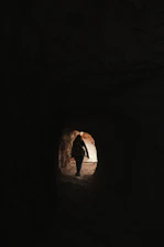 A man walking from shadowed woods into bright golden light, symbolizing transformation.