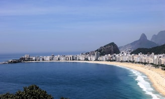 a view of a beach with a city in the background