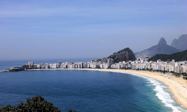 a view of a beach with a city in the background