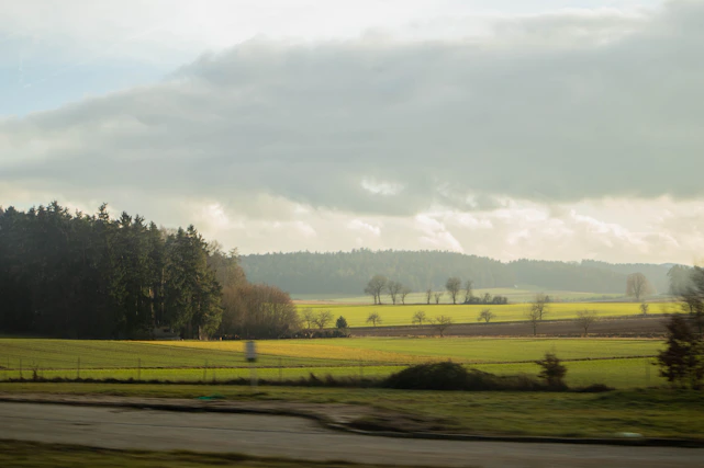 A peaceful rural landscape with open fields and a 'For Sale' sign.