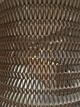 A close-up view of an intricate, honeycomb-like cardboard or paper structure with repeating triangular patterns. The structure appears semi-transparent, allowing a glimpse of what seems to be an interior space or objects behind it with some light filtering through.